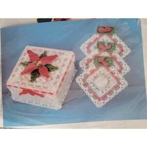 Vintage Needlepoint Kit Plastic Canvas Lacy Poinsettia Coasters & Box #67107